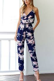 Cross Front V Neck Random Floral Print Jumpsuit In Blue Us 24 99 Yoins Floral Print Jumpsuit Jumpsuit Fashion Jumpsuits For Women