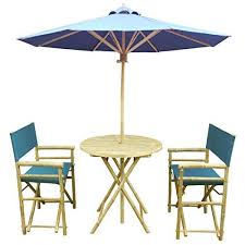 Zew 4 Piece Bamboo Bistro Garden Set With Round Table 2 Treated Director Canvas Chairs And Umbrella Navy Patio Dining Set 3 Piece Bistro Set Bistro Patio Set