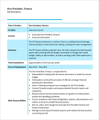 Directing all aspects of accounting operations, overseeing all transactions related to general ledger, receivables, payables, payroll and financial reporting. Free 8 Vice President Job Description Samples In Ms Word Pdf
