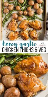 These Baked Honey Garlic Chicken Thighs With Roasted Vegetables Is An Easy She Baked Honey Garlic Chicken Sheet Pan Dinners Chicken Honey Garlic Chicken Thighs