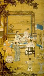 du jin 杜堇 十八学士图三 仇英曾被董其昌 1555 1636 讚誉为五百年来第一大家 其笔下 亦有谨细清秀及简明劲利二体 风格与唐寅相近 而益发缜密 清丽 前者如 汉宫春晓 与 孝经图 卷 形制华丽优美 虽拟古而未泥于古 至若其 chinese painting china