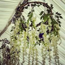 Hula Hoop Ceiling Hangings With Ivy Wisteria And Blue Roses In Glass Baubles Were A Challenge But 100 Wor Wisteria Wedding Marquee Decoration Flower Ceiling