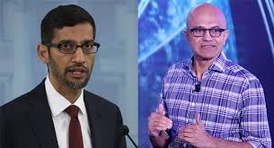 Satya nadella speaking at microsoft search summit event in san francisco, california, u.s. Sundar Pichai Satya Nadella Engage In War Over Online News