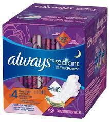 Always Radiant Overnight Sanitary Pads With Wings Scented Size 4 10ct Always Pads Sanitary Pads Scent