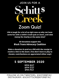 The impossible schitt's creek quiz. Schitt S Creek Fans Zoom Quiz Fundraiser Scforbtac Twitter