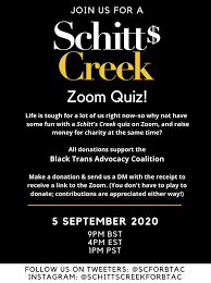 Oct 27, 2020 october 27th, 2020. Schitt S Creek Fans Zoom Quiz Fundraiser Scforbtac Twitter