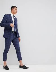 How to hem mens' chino style trousers. Boohooman Skinny Fit Cropped Suit Trousers In Navy Check Asos