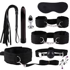 BDSM Bondage Kit for Couples - Vibrator, Whip, Nipple Clips, Blindfold,  Mouth Gag - Flirt Games & Slave Toys
