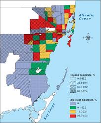 The average area zip codes in miami is 5.65 sq mi with the largest being 33182 at 17.76 sq mi and the smallest being 33101 at 190,473 sq ft. Figure Distributions Of Late Stage Melanoma Diagnoses And Hispanic Download Scientific Diagram