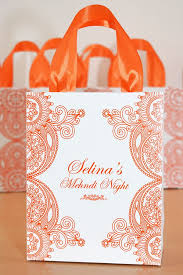 25 Mehndi Night Bags With Orange Satin Ribbon Handles And Etsy Mehndi Night Wedding Goodie Bags Wedding Welcome Bags
