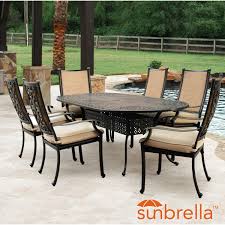 Bocage 7 Piece Cast Aluminum Sling Patio Dining Set W 84 X 42 Inch Oval Table Sunbrella Heather Beige Cushions By Lakeview Outdoor Designs Bbqguys Outdoor Design Patio Dining Set Patio