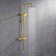 Modern Luxury Exposed Shower System Thermostatic 10 Rainfall Shower Head Gold Shower Fixture With Hand Shower In 2020 Shower Heads Rainfall Shower Shower Systems