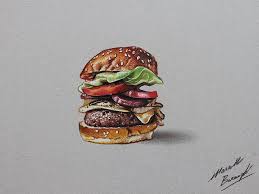 He is particularly known for his food paintings which includes a line of delicious works of burger, omelet. Realistic Color Drawings By Marcello Barenghi Color Pencil Drawing Hamburger Drawing Realistic Drawings