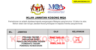 1.pegawai latihan vokasional gred dv41. Jawatan Kosong Mqa Agensi Kelayakan Malaysia Gaji Rm2 080 00 Rm9 546 00