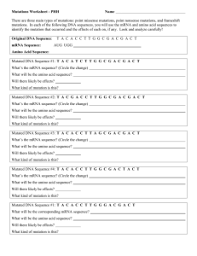 There are several types of mutation. Mutation Worksheet Lab Bio