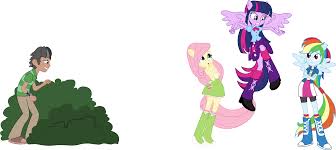 2156242 - safe, artist:shadyhorseman, derpibooru import, fluttershy, rainbow  dash, twilight sparkle, oc, oc:rock star, equestria girls, :), :o, ben 10, blues  clues, bush, hiding, male, omnitrix, open mouth, ponied up, reference,  simple