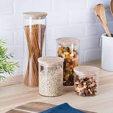 Mainstays 4 Piece Glass Kitchen Canister Set With Bamboo Lids Walmart Com Glass Kitchen Canisters Jar Storage Glass Jar Storage