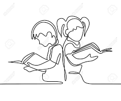 Black And White Children Reading Books Clip Art Kids Reading Books Back To School Concept Continuous Line Drawing Line Drawing Kids Reading Books Continuous Line Drawing