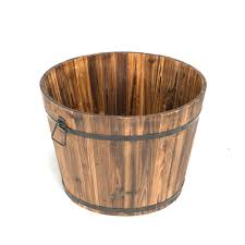 23 In Dia X 17 In H Brown Cedar Wood Round Large Garden Planter Whiskey Barrel Devbp213s The Home Depot Barrel Planter Large Garden Planters Wooden Barrel