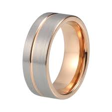 Brushed Tungsten Wedding Band With Rose Gold Offset Stripe Finish Mens Gold Wedding Band Rose Gold Mens Wedding Band Mens Wedding Bands Tungsten