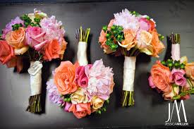 Pale blush pink roses with dusty millar. Beautiful Vibrant Hot Pink Light Pink Orange And Coral Bridal And Bridesmaids Bouquets