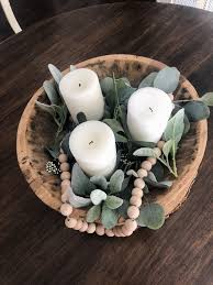 Centerpiece Dough Bowl Vintage Greenery Eucalyptus Lamb S Ear Wooden Beads Candles Pillar Ca Dough Bowl Centerpiece Wood Bowl Decor Wooden Bowls Decor