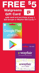 Walgreens Buy 2x 25 Google Play Or Wayfair Gift Cards