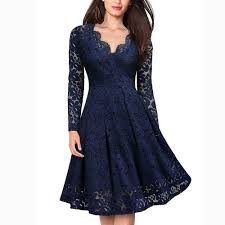 Women Vintage V Neck Empire Slim Swing Floral Lace Dress Cocktail Party A Line Dresses Robe Female Long Sleeve Swing Dress Elegant Casual Dress Sleeved Swing Dress