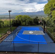 The court has evergreen hue with white lines. Backyard Multi Sport Court Sport Court