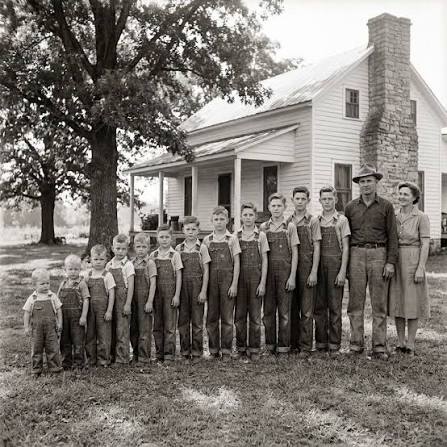 The Harrison family's 1955 photograph showcases thirteen brothers