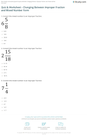 Equivalent fractions for 19/8 or how. Quiz Worksheet Changing Between Improper Fraction And Mixed Number Form Study Com