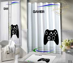 Vidow Game Shower Curtain Green Blue Game Controller Rug Kids Gamer Bathroom Decor Personalized With N Bathroom Decor Vinyl Shower Curtains Blue Game