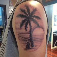 Palm Tree On Beack With Guitar And Rising Sun Tattoo On Shoulder Tattoosformen Tree Tattoo Forearm Palm Tree Tattoo Tree Tattoo Designs
