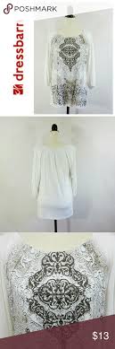 Dress Barn 3 4 Sleeve Boho Print White Top Sz M Dress Barn Dresses Boho Print Dress Barn Tops