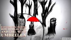How To Draw Tree And Umbrella Girl With Charcoal Pencil Art By Miss Rashid Tree Drawing Easy Charcoal Drawings Drawings