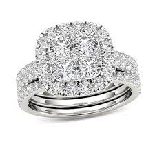 2 Ct T W Composite Diamond Cushion Frame Bridal Set In 14k White Gold Zales Yellow Gold Engagement Ring Set White Gold Engagement Rings Set Halo Engagement Ring Sets
