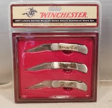 This is a really great set of knives in great condition. Winchester 2007 Limited Edition Wildlife Series Ersatz Scrimshaw Knife Set Winchester Knife Knife Sets Scrimshaw
