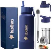 Lexlion Garrafa de água de 946 ml, aço inoxidável isolado de parede tripla  reutilizável, boca larga, infusor térmico de folhas de frutas, manga de ...