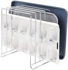 The placement and positioning of cabinet hardware also makes a kitchen more functional. Amazon Com Mdesign Large Metal Wire Organizer Rack For Kitchen Cabinet Pantry Shelves Organizer Holder With 5 Slots For Skillets Frying Pans Lids Cutting Boards Vertical Or Horizontal Placement Chrome Kitchen