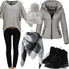 Grau Schwarzes Winteroutfit Fur Damen Outfits4you De Bekleidung Outfit Steppjacke