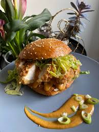 Crumbed grassy knoll eye fillet, lettuce, tomato, shallots, edamame, katsu mayonnaise, sesame. Japanese Spiced Fried Chicken With Spicy Katsu Mayonnaise On A Homemade Sesame Brioche Bun Eatsandwiches