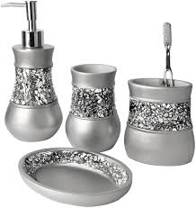 Discover bathroom accessories on amazon.com at a great price. Amazon Com Creative Scents Gray Bathroom Accessories Set 4 Piece Bathroom Decor Set For Home Bath Restroom Set Features Soap Dispenser Toothbrush Holder Tumbler Soap Dish Bling Silver Mosaic Glass Home