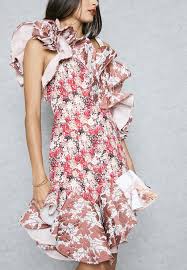 One Shoulder Printed Ruffled Dress