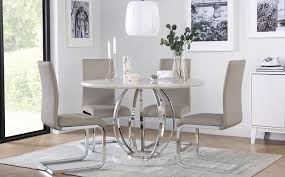 Savoy Round White Marble And Chrome Dining Table With 4 Perth Taupe Leather Chairs Chair Chrome Dining Table Dining Room Table Set White Leather Chair