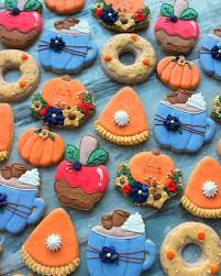 Blue Apple Cider Mug Pumpkins Donuts And Candy Apples Fall Cookies Cookie Decorating Fall Cookies Candy Apples