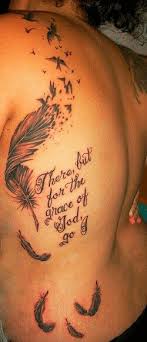 Feather Tattoo With Birds And Text There But For The Grace Of God Go Feather Tattoos Side Quote Tattoos Falling Feather Tattoo