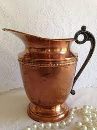 7¾w x 12d x 11½h. Large Solid Copper With Pewter Handle Wide Mouthed Pitcher Ornate Detailing Lovely Patina Whether For Water Wine O Pewter Handles Copper Ware Copper Decor