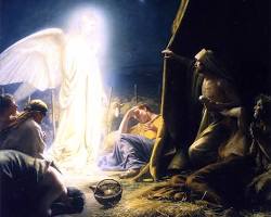 Image of Shepherds and angels at the manger