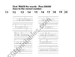 english worksheets numbers 11 20 trace and draw