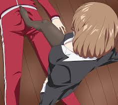 aoki yuriko, takagi akito, bakuman, 1girl, breasts, brown hair, bulge,  business suit, erection, erection under clothes, feet, footjob, formal  clothes, glasses, hands on own hips, large breasts, looking down, lying, no  shoes,